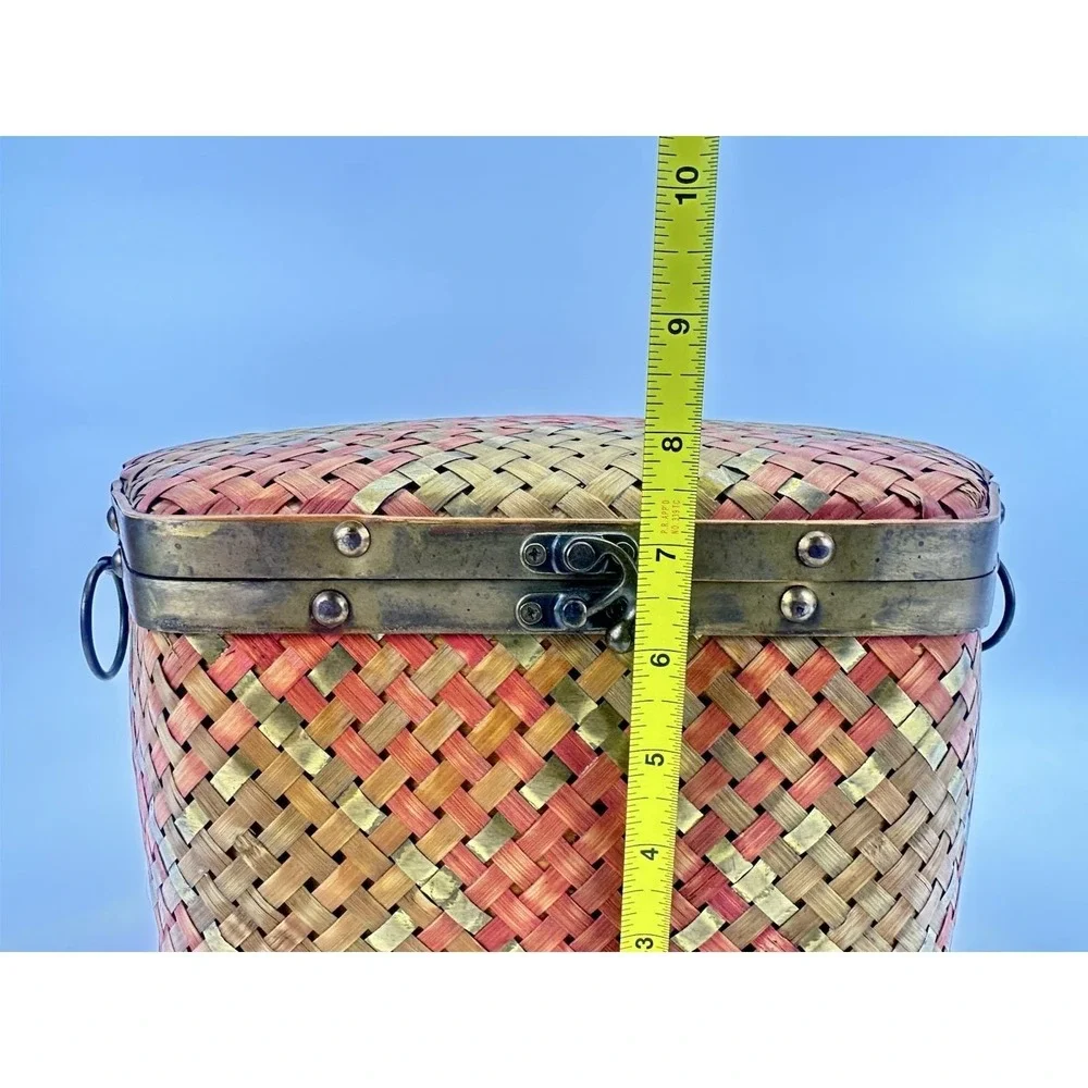 Vintage Woven Bamboo Brass Storage Box Hinged Lid Latch Handles 13